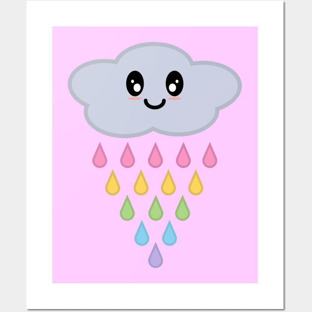 Kawaii Cute Raining Rainbow Rain Cloud in Pink Wall Art by Kelly Gigi